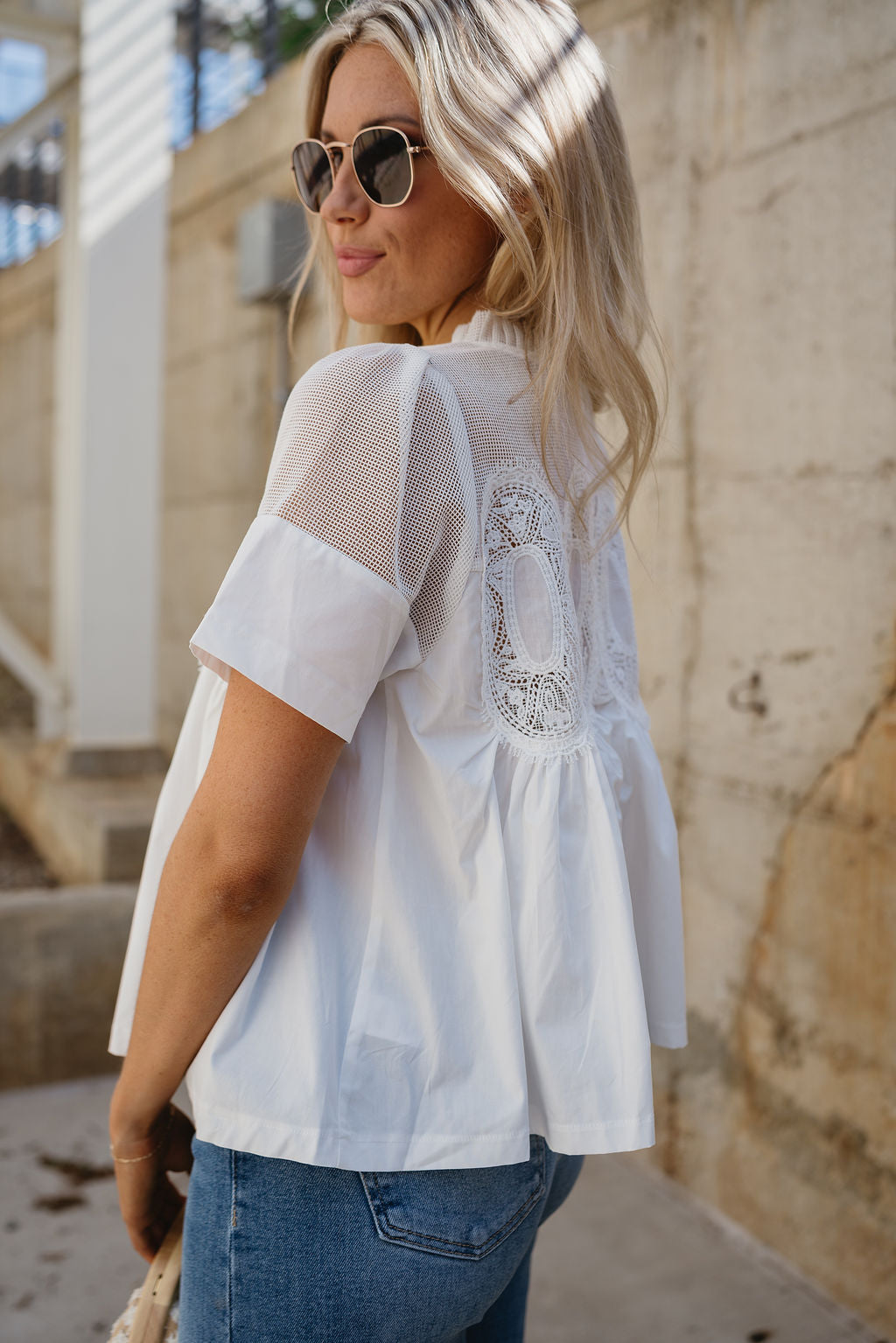 Jovie White Lace Short Sleeve Top - close side view
