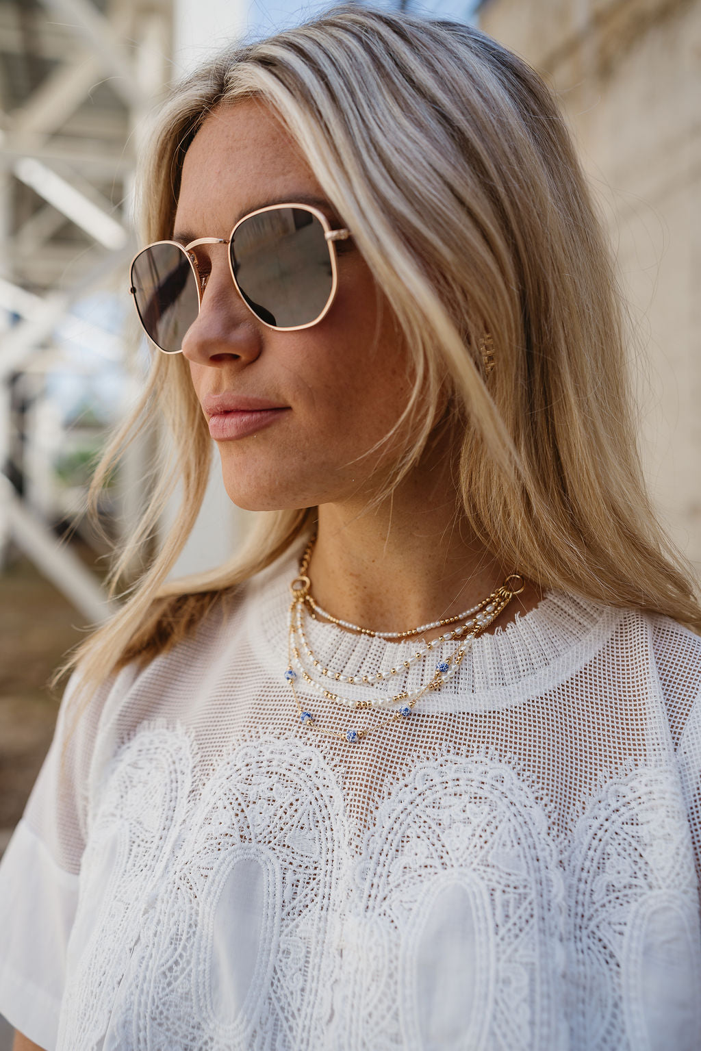 Maria White & Blue Floral Gold Layered Necklace- close up right side view