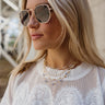 Maria White & Blue Floral Gold Layered Necklace- close up right side view