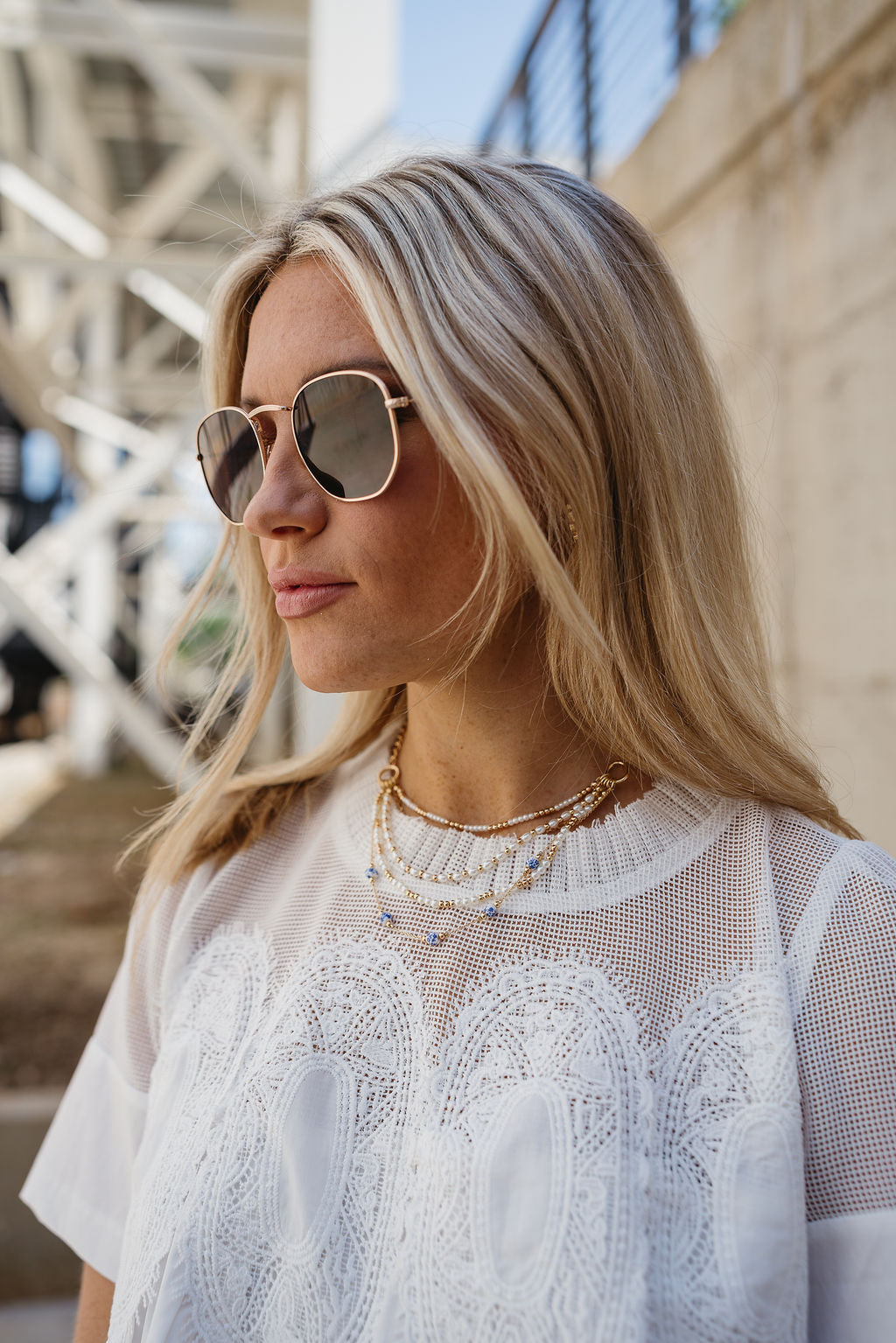 Maria White & Blue Floral Gold Layered Necklace- right side view