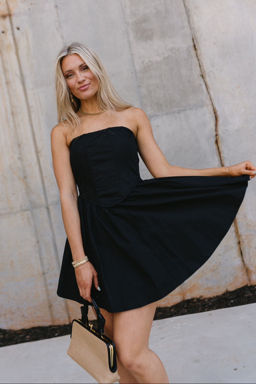 Celeste Black Corset Strapless Mini Flare Dress - Lizard Thicket Celeste Black Corset Strapless Mini Flare Dress - Lizard Thicket