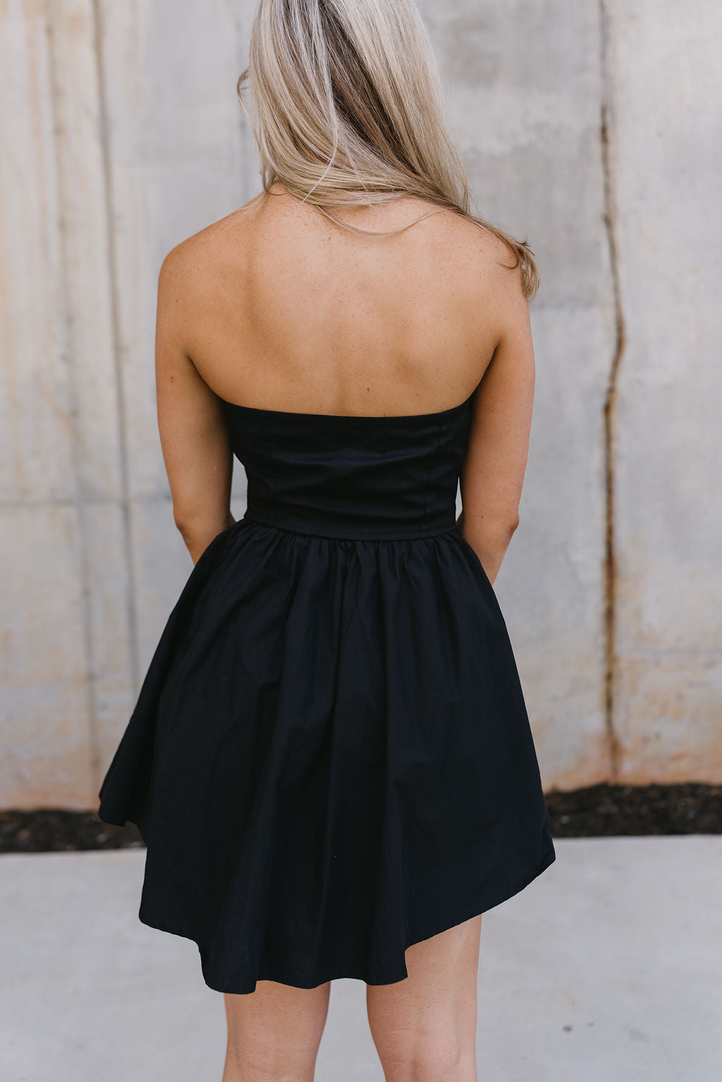 Celeste Black Corset Strapless Mini Flare Dress- close up back view