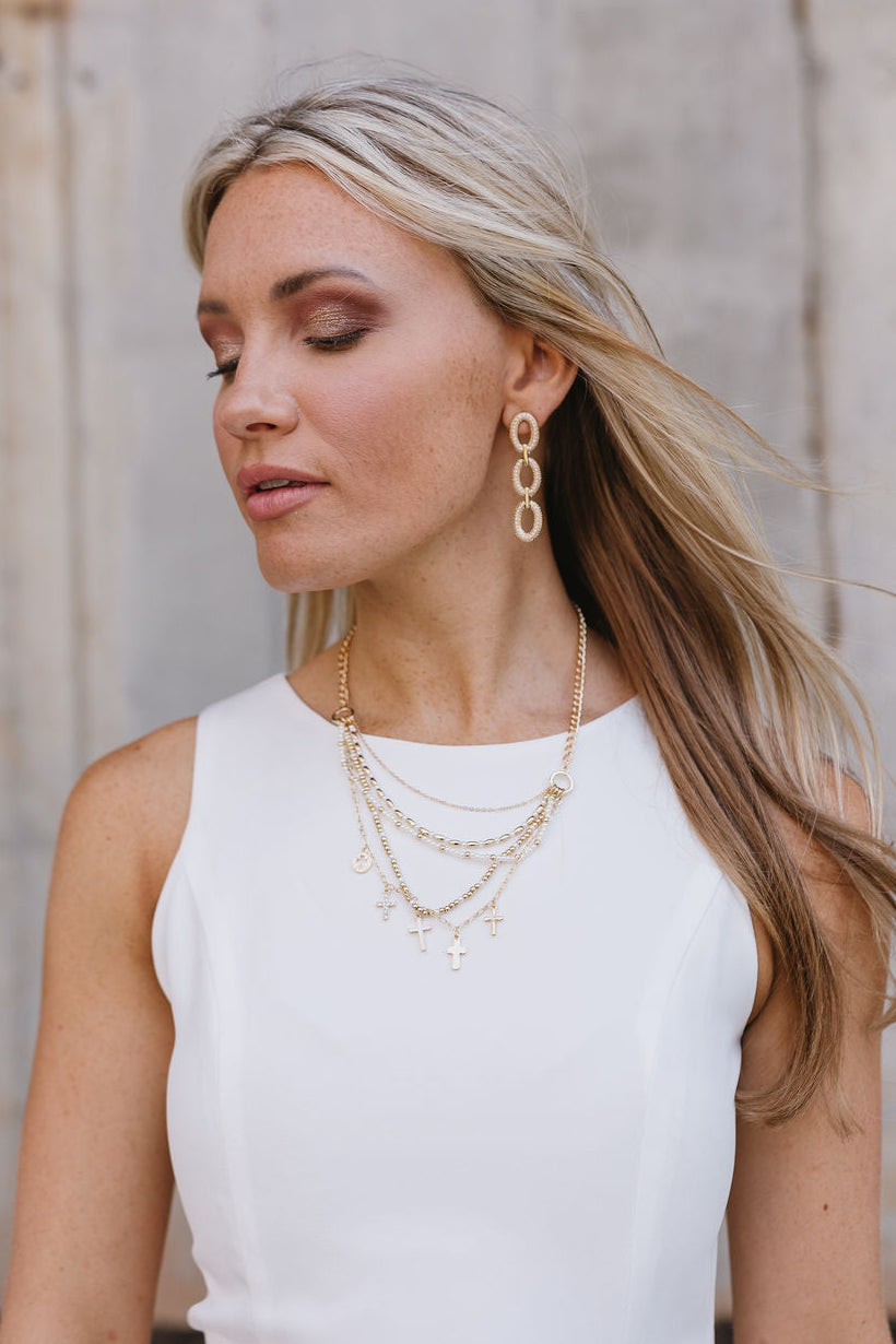 Lucia Pearl & Gold Crosses Beaded Layered Necklace - front view