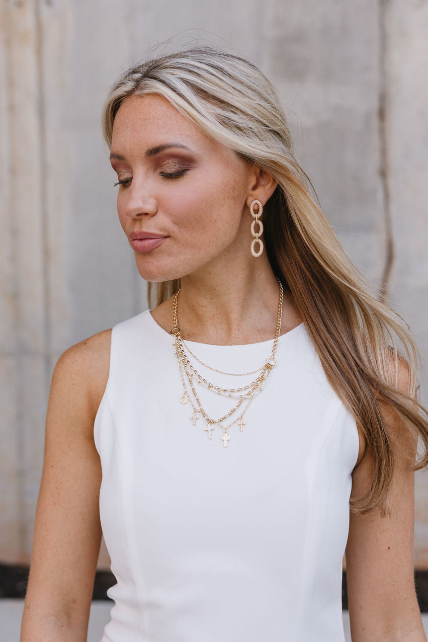 Lucia Pearl & Gold Crosses Beaded Layered Necklace - close up front view