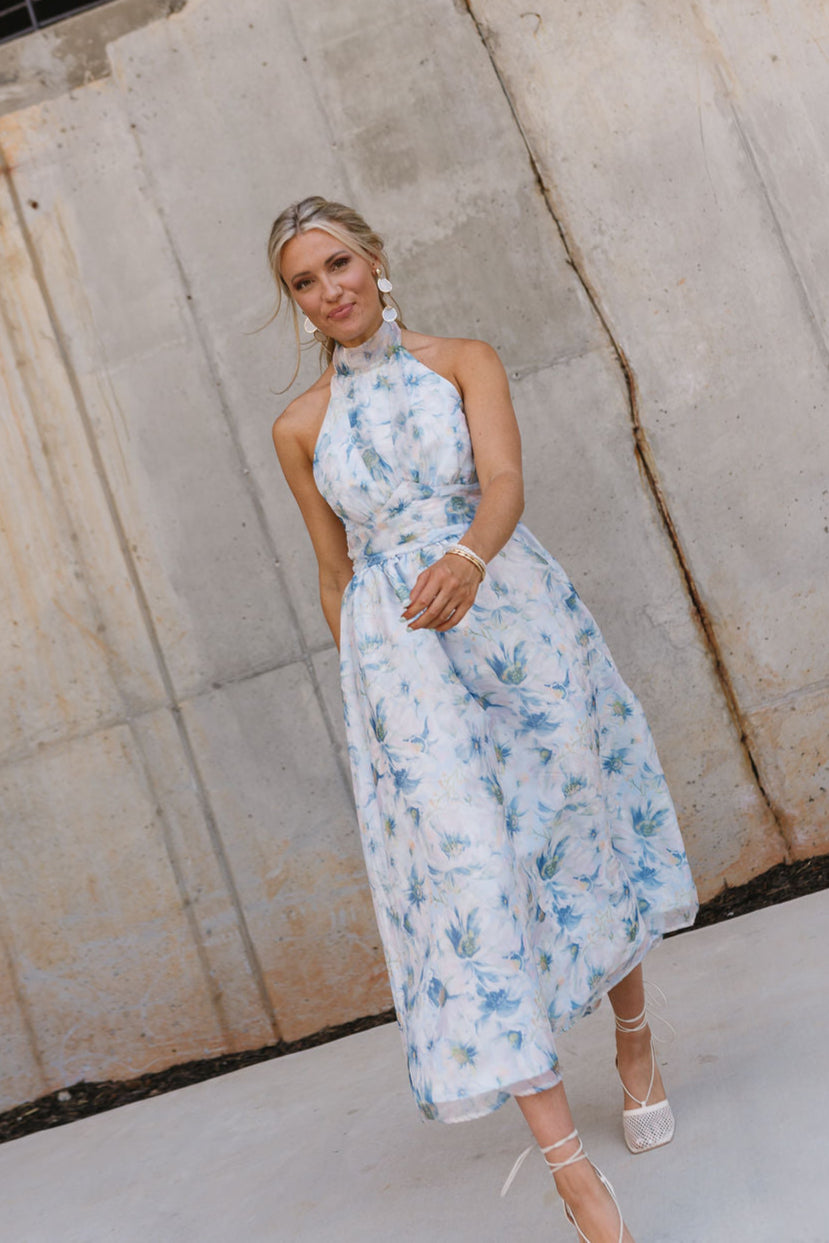 Natalia Blue Multi Floral Halter Midi Dress - Lizard Thicket Natalia Blue Multi Floral Halter Midi Dress - Lizard Thicket