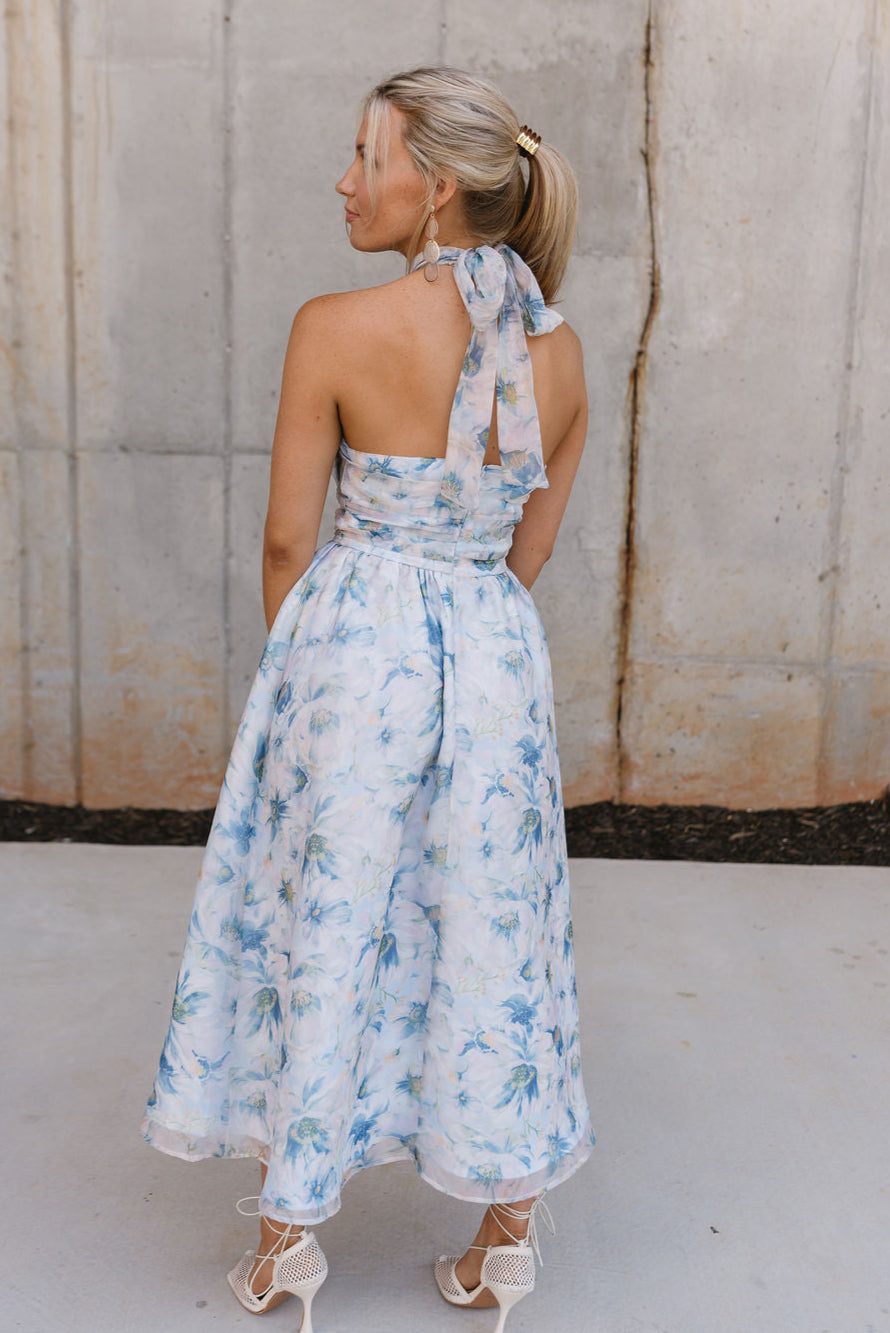 Natalia Blue Multi Floral Halter Midi Dress - Lizard Thicket Natalia Blue Multi Floral Halter Midi Dress - Lizard Thicket