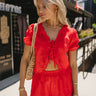 Angela Red Floral Eyelet Tie Top- close up top view