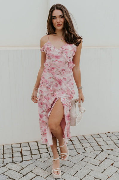 Maya Pink Multi Floral Ruffle Slit Midi Dress