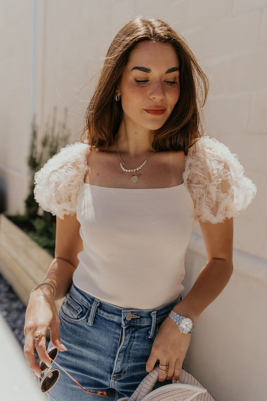 Front view of female model wearing the Angelina Cream Tulle Short Puff Sleeve Top which features Cream Ribbed Fabric, Square Neckline and Textured Sheer Puff Short Sleeves