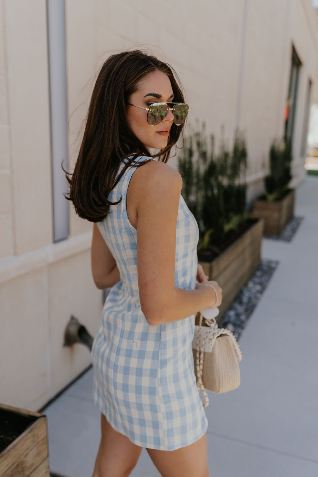 Upper body back/side view of female model wearing the Georgina Blue Gingham Mini Dress that has light blue and white gingham fabric, a noticed neckline, a side slit, and is sleeveless.