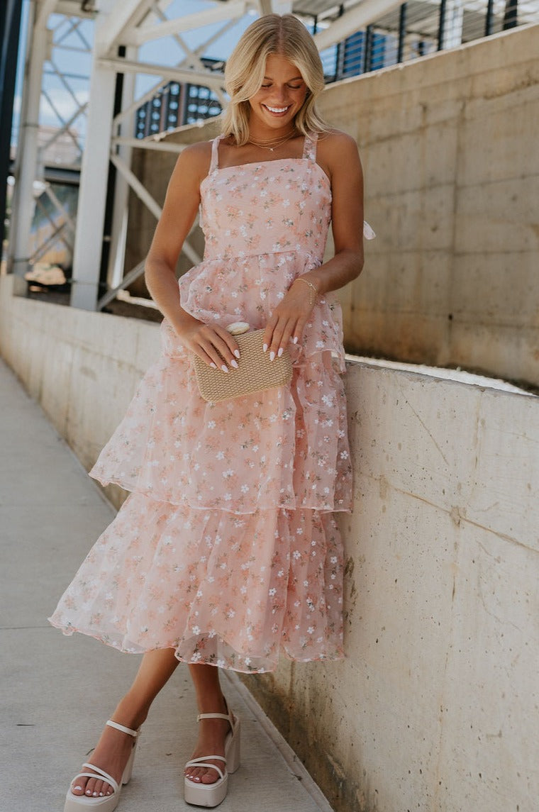 Evie Peach Blush Floral Tiered Midi Dress - Lizard Thicket Evie Peach Blush Floral Tiered Midi Dress - Lizard Thicket