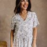 Allison Blue & Ivory Linen Seashell Top- front view