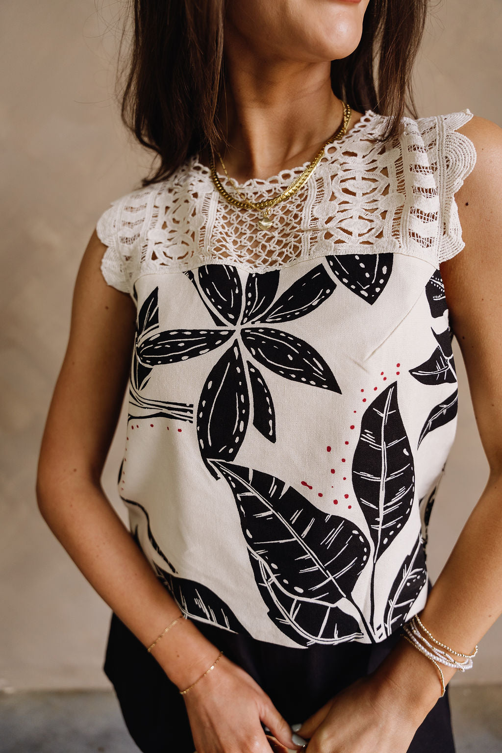 Sloan Cream & Black Floral Crochet Tank- top front view
