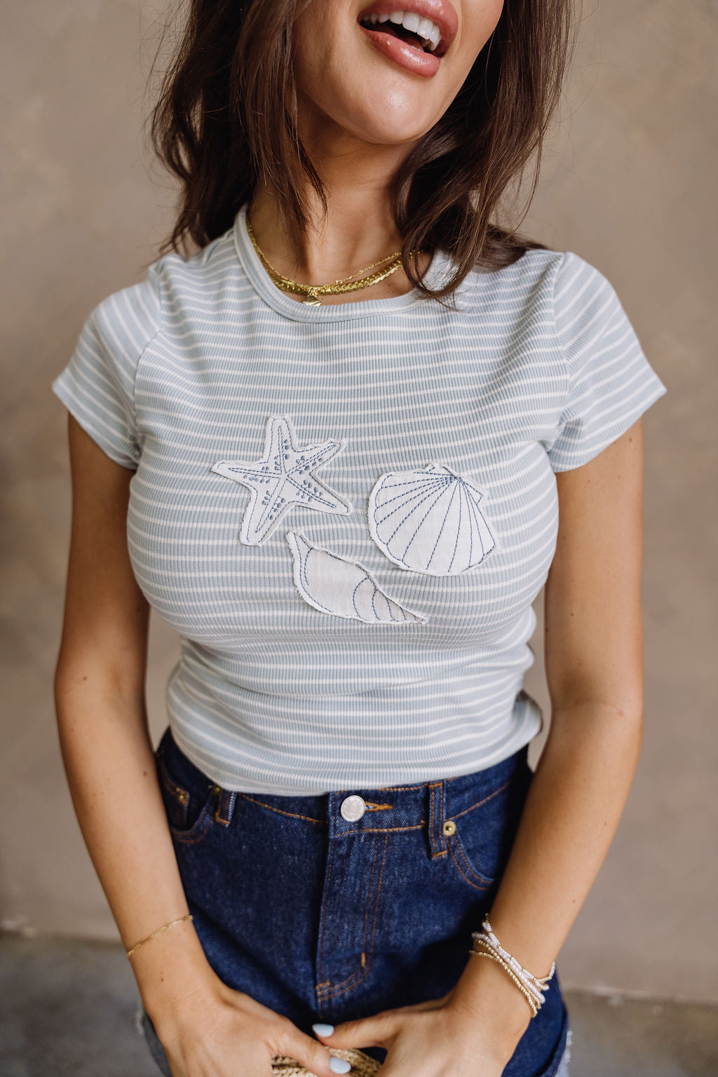 Alaina Blue & White Stripe Seashell Top- close up top view