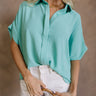 Amina Aqua Button-Up Short Sleeve Top- close up top view