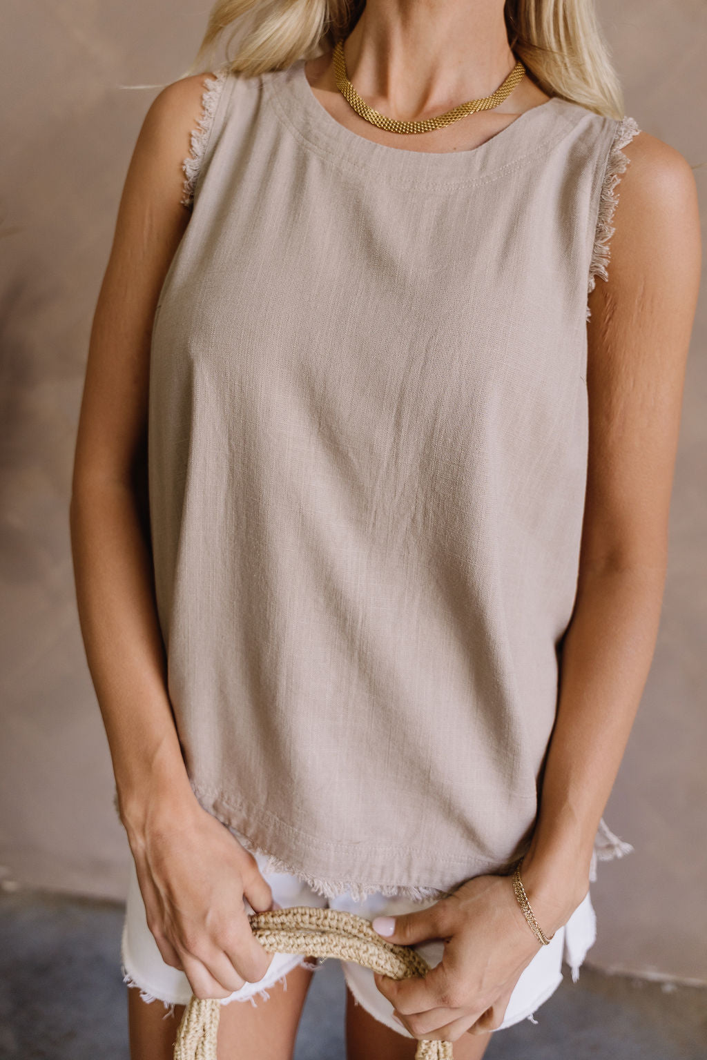 Willa Taupe Linen Frayed Tank- close up top view