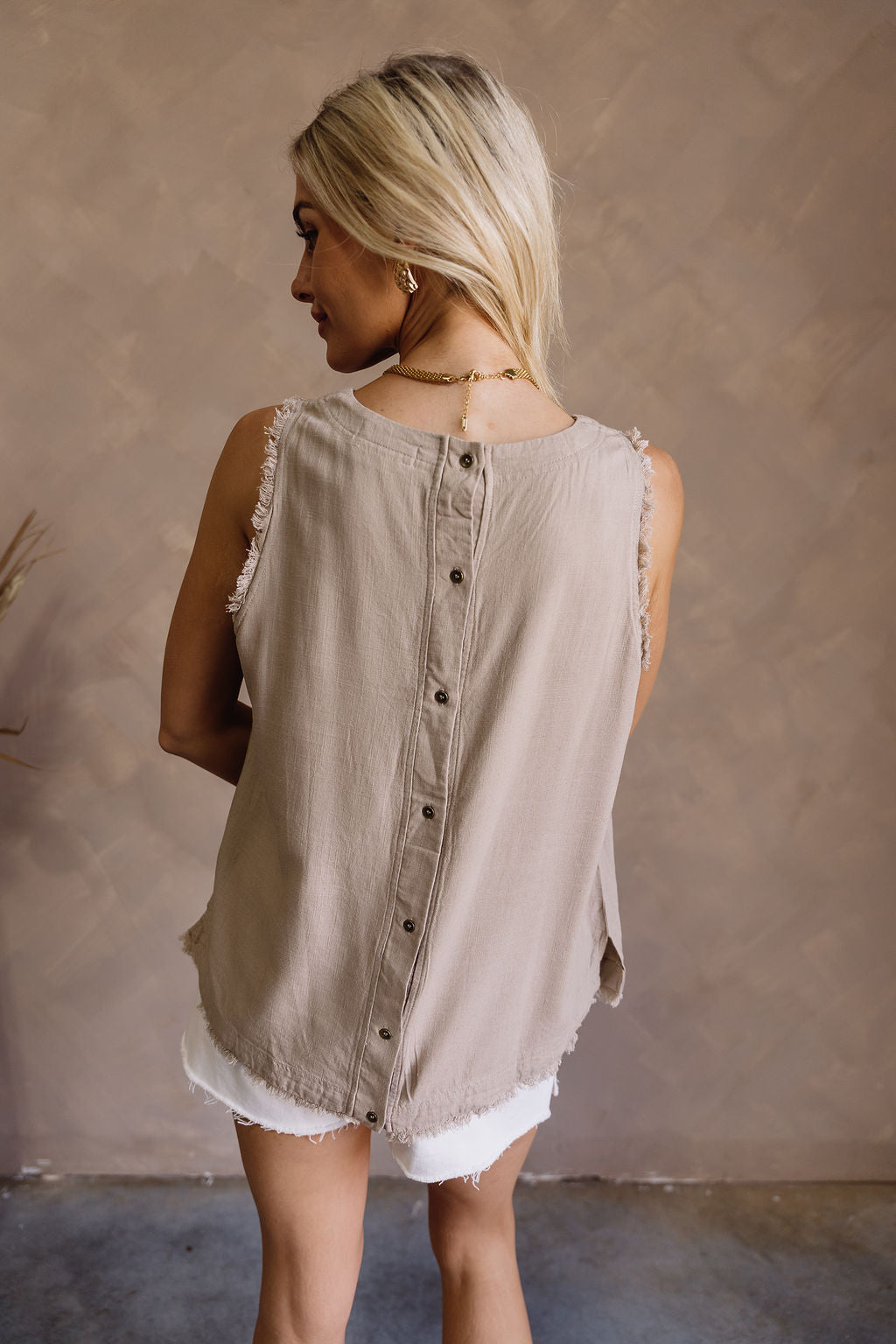 Willa Taupe Linen Frayed Tank- full back view