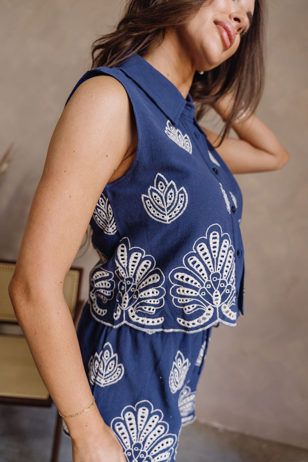 Lana Navy & Cream Stitch Floral Scallop Tank- close up side view