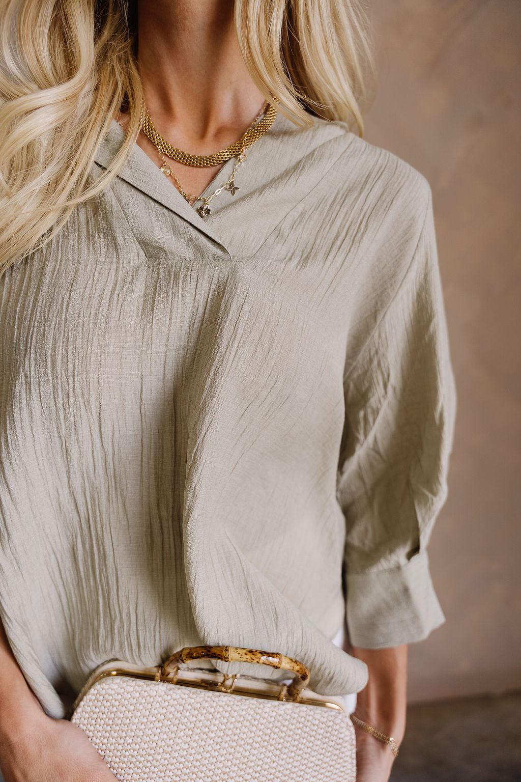 Valerie Olive Sage Short Sleeve Top- close up front side view