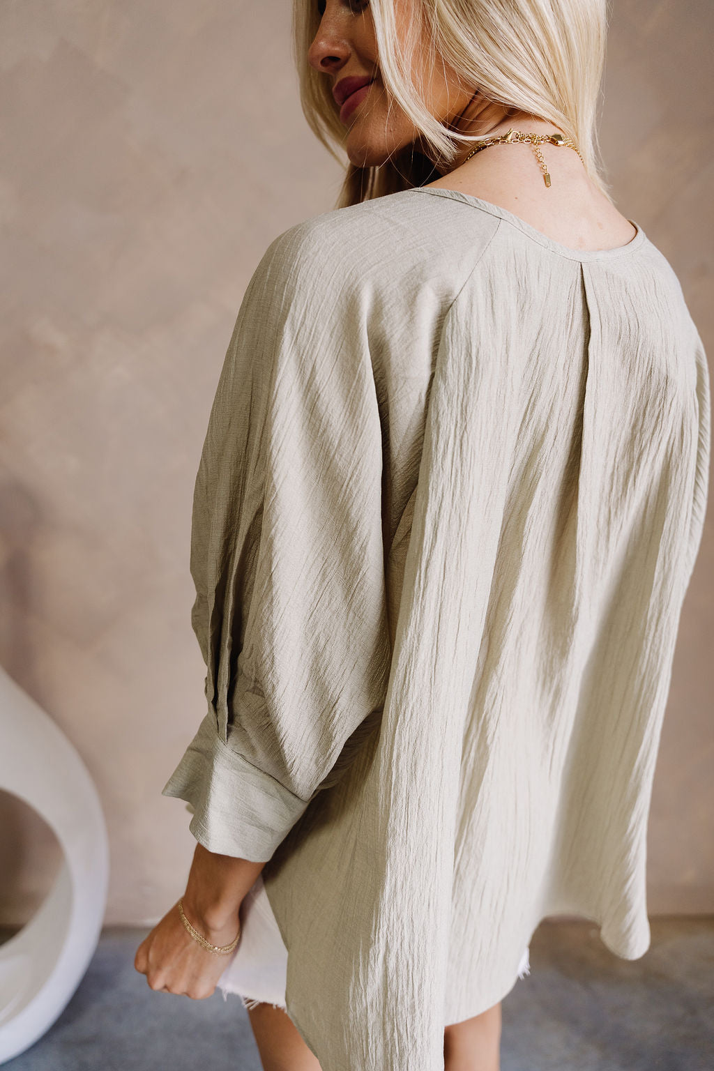 Valerie Olive Sage Short Sleeve Top- close up back view