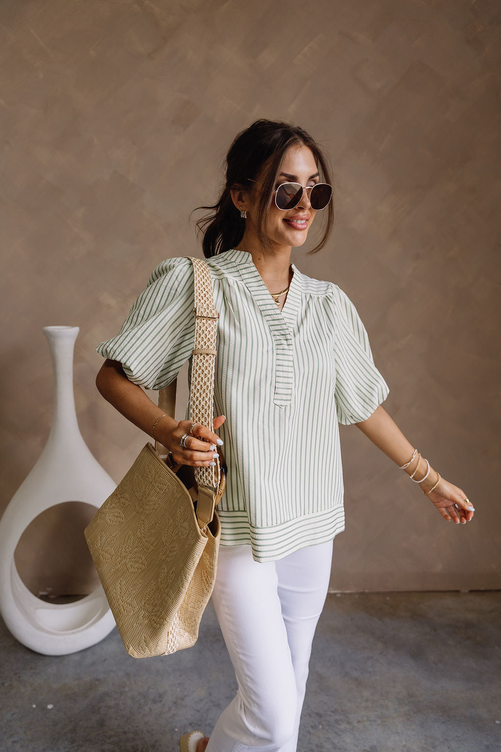 Chelsea Cream & Green Striped Top - frontal view
