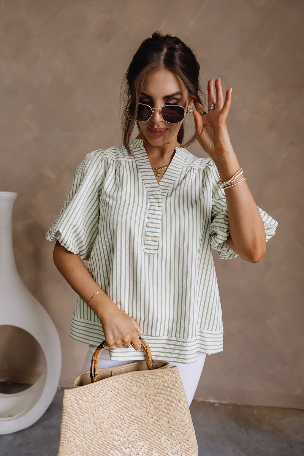 Chelsea Cream & Green Striped Top - front view