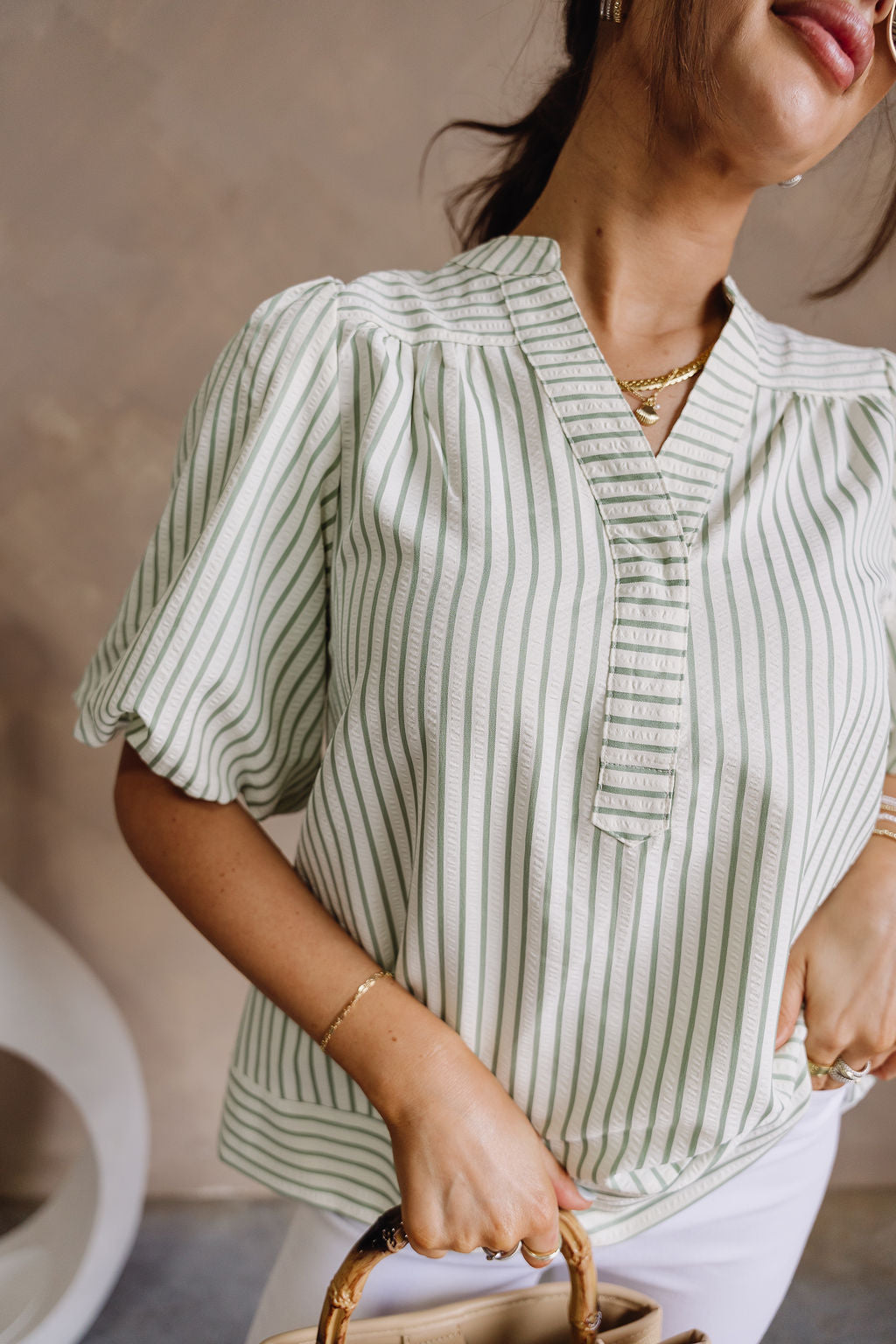 Chelsea Cream & Green Striped Top - close front view