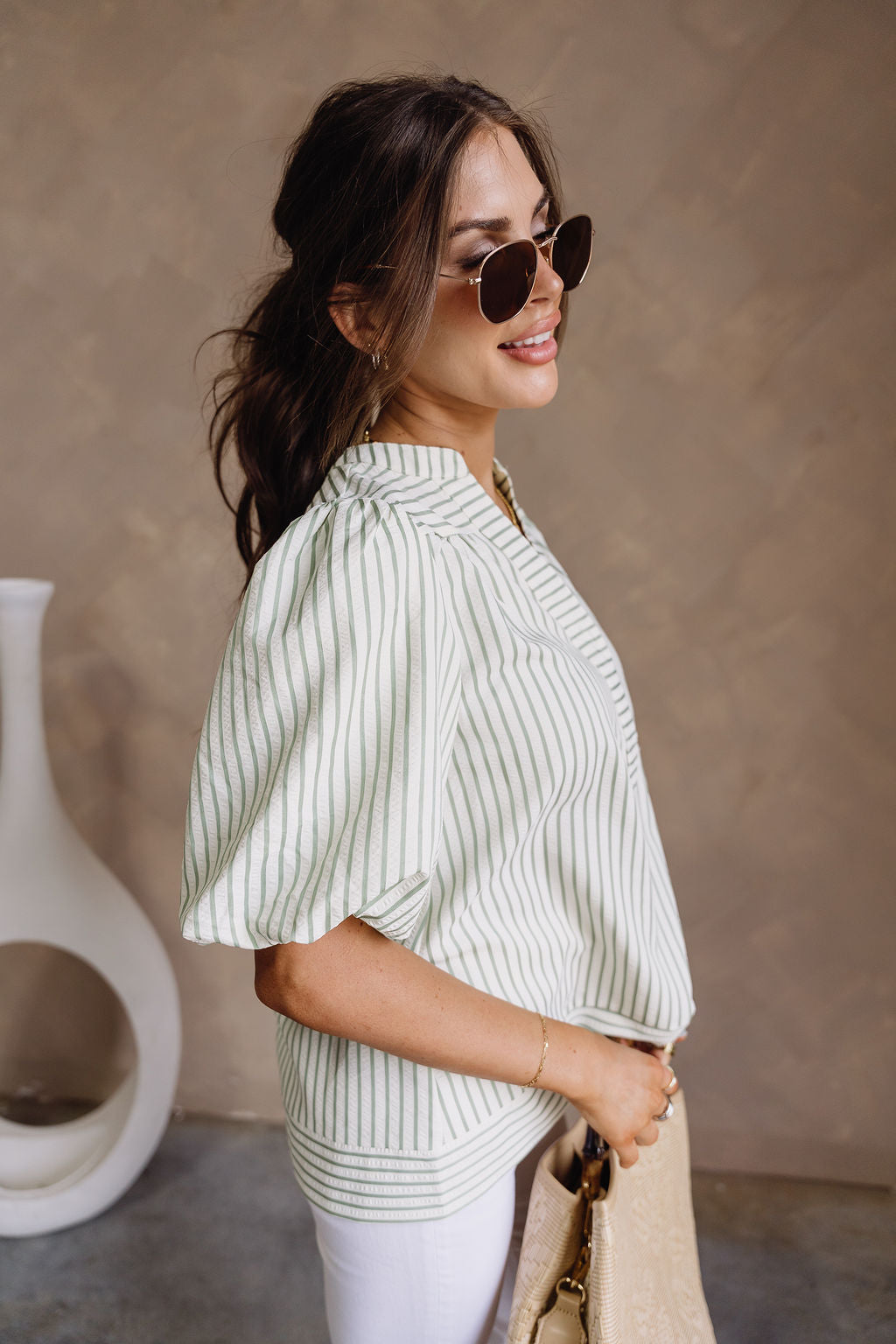 Chelsea Cream & Green Striped Top - side view