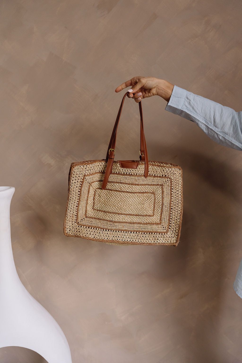 Demi Natural Straw & Cognac Shoulder Purse - front