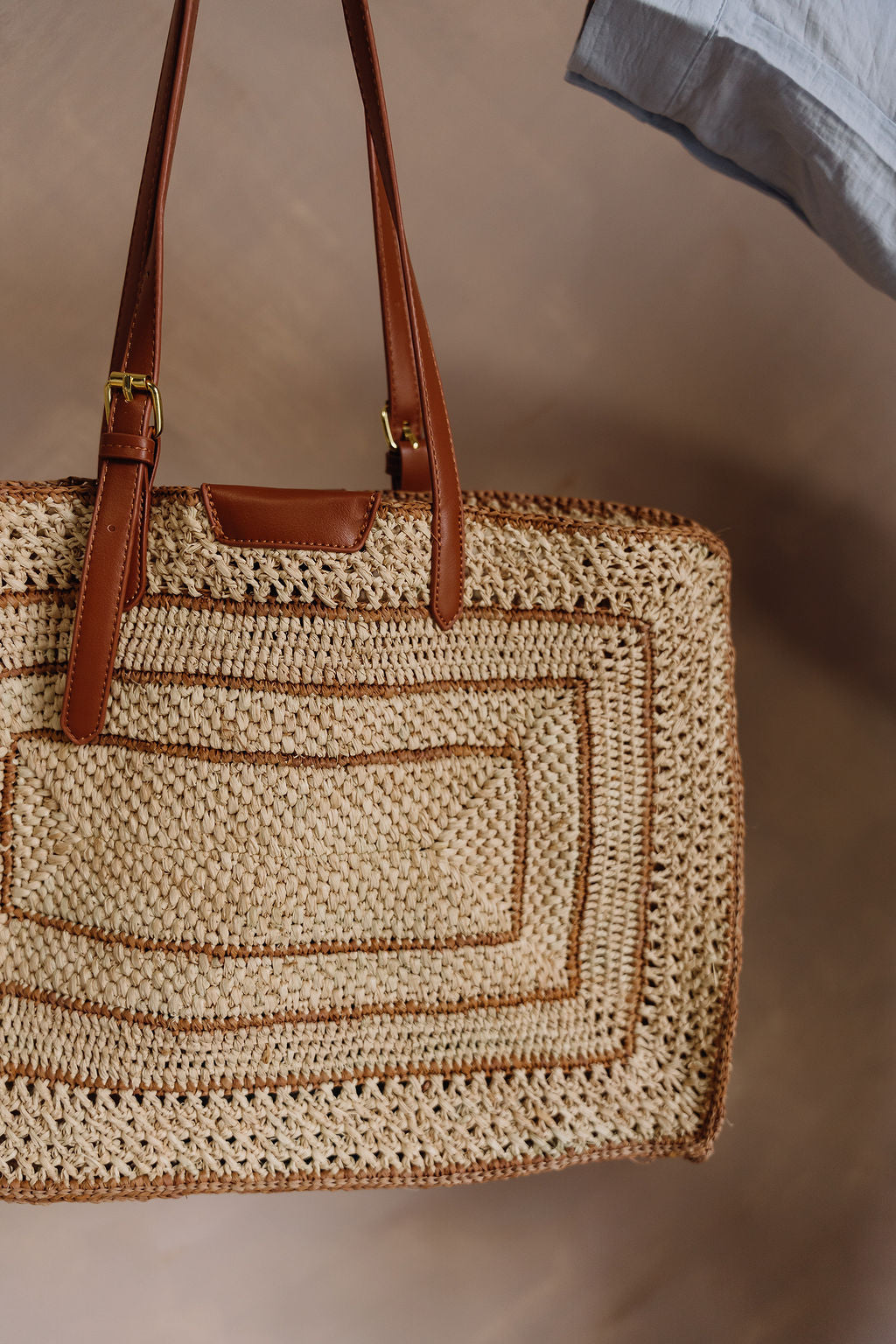 Demi Natural Straw & Cognac Shoulder Purse - close up view