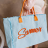 Summer Aqua & Orange Tote Bag - front view on model's arm