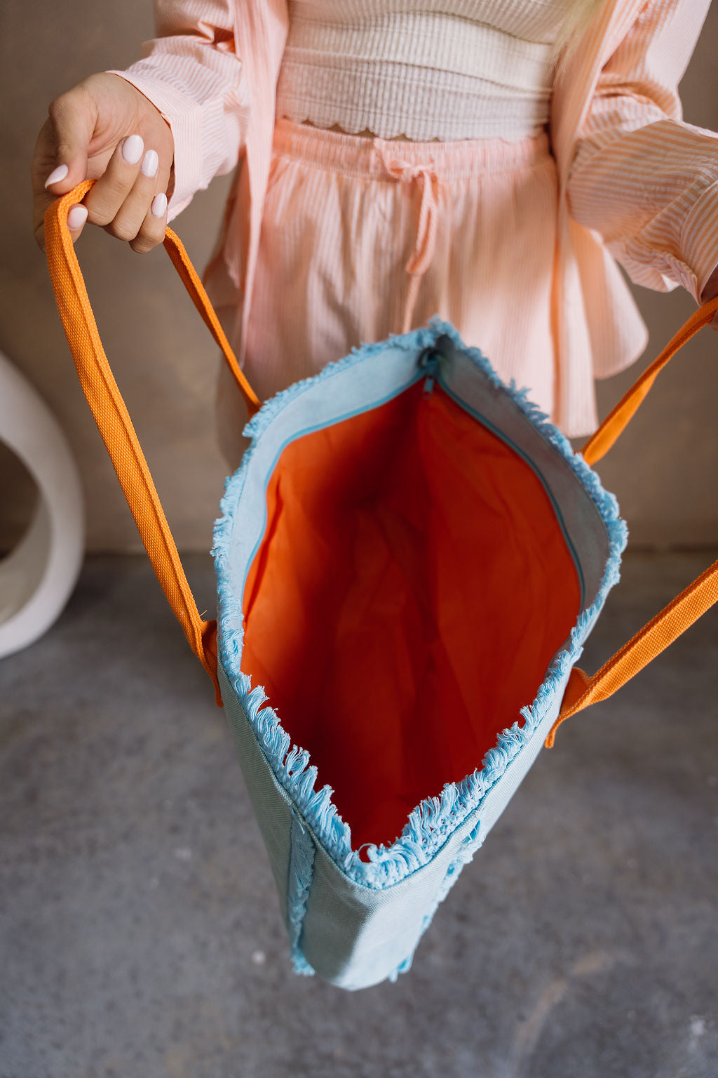 Summer Aqua & Orange Tote Bag - open top view