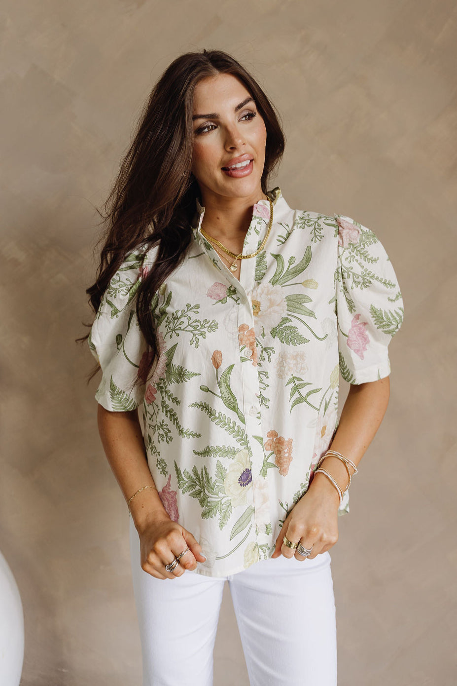 Alison Cream Multi Floral Short Puff Sleeves Top- front view