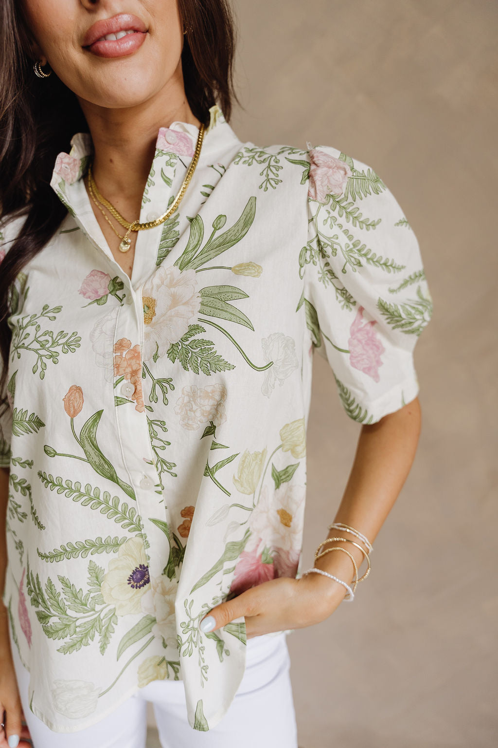 Alison Cream Multi Floral Short Puff Sleeves Top- close up side view