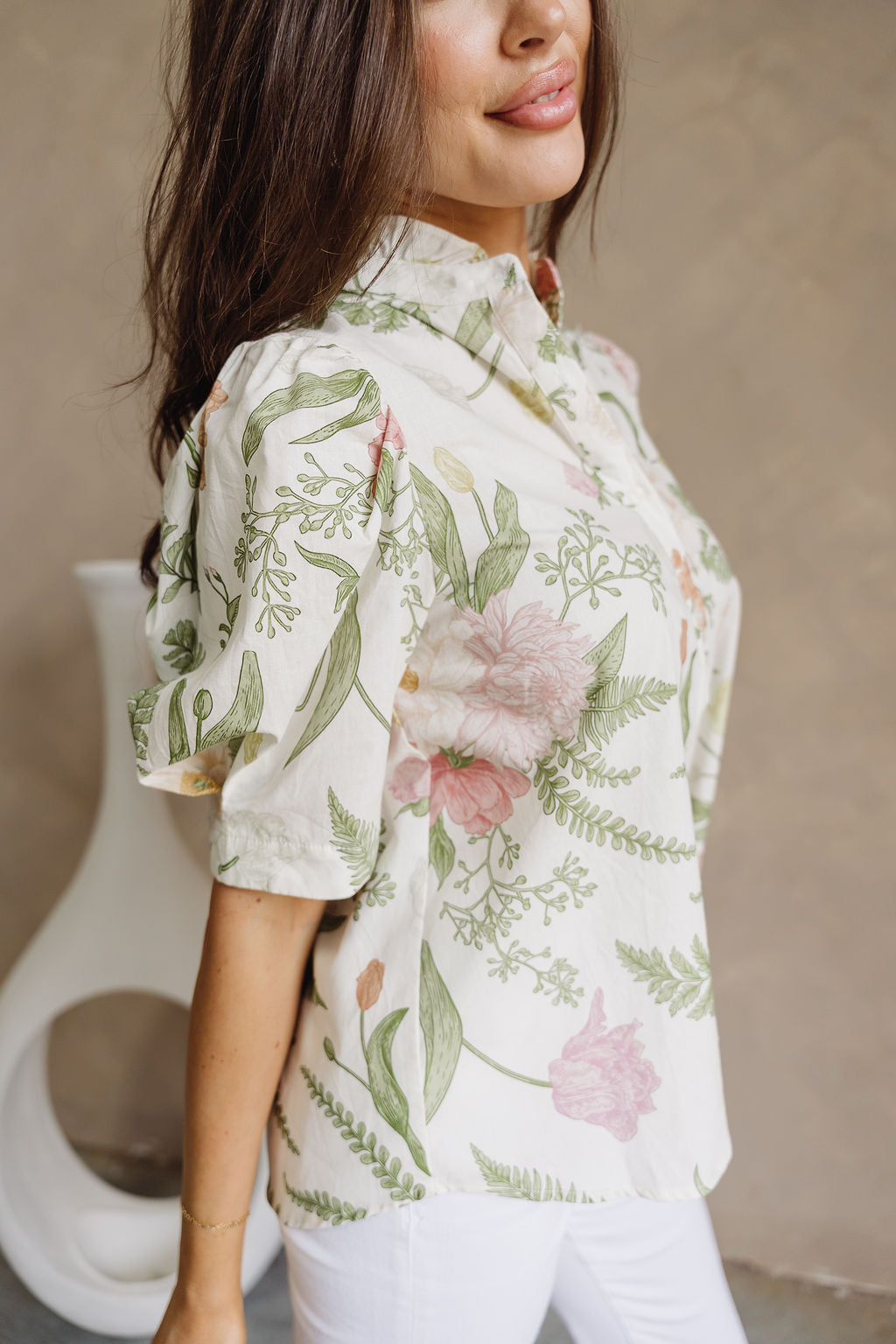 Alison Cream Multi Floral Short Puff Sleeves Top- close up side view