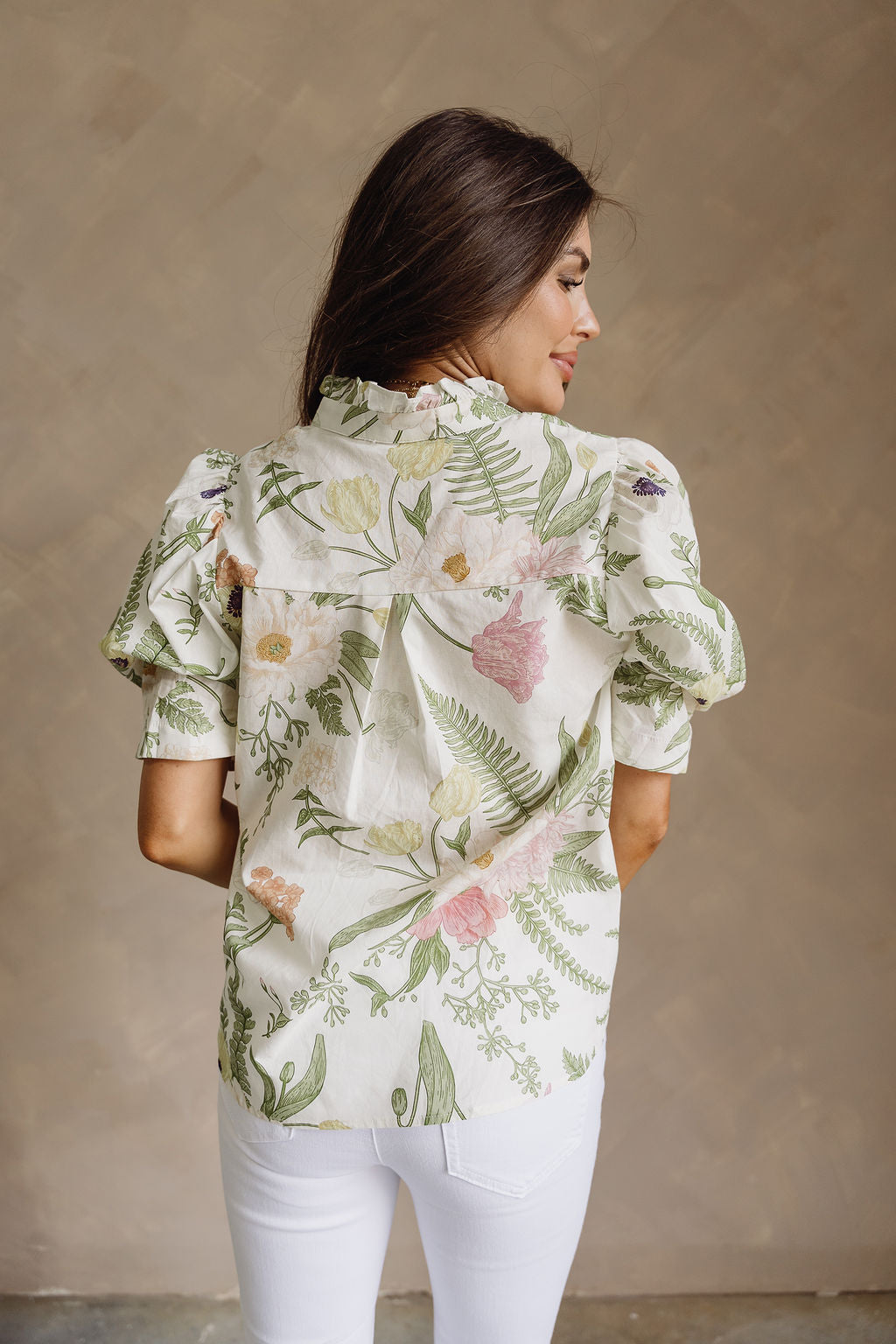 Alison Cream Multi Floral Short Puff Sleeves Top- back view