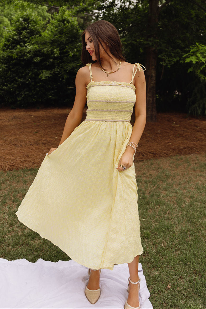 Reese Yellow & Taupe Smocked Midi Dress- full body view