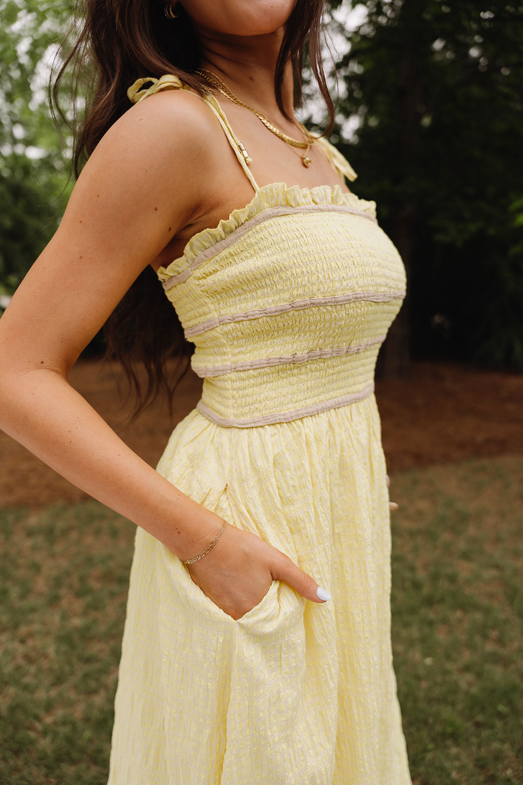 Reese Yellow & Taupe Smocked Midi Dress- close up side view