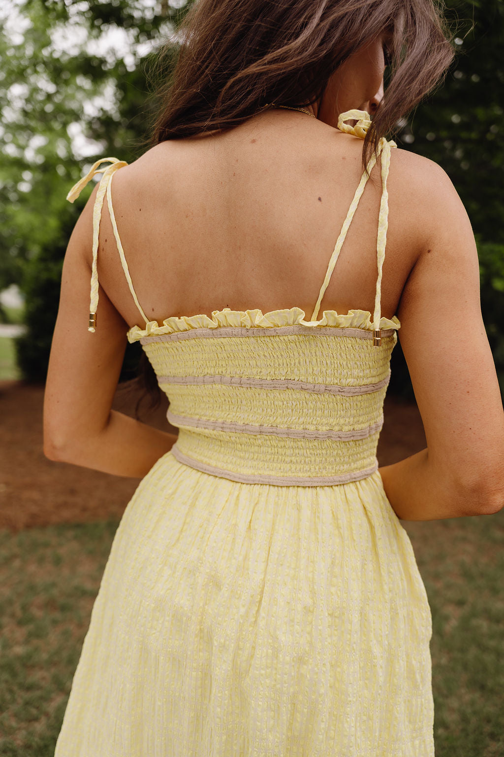 Reese Yellow & Taupe Smocked Midi Dress- close up back view
