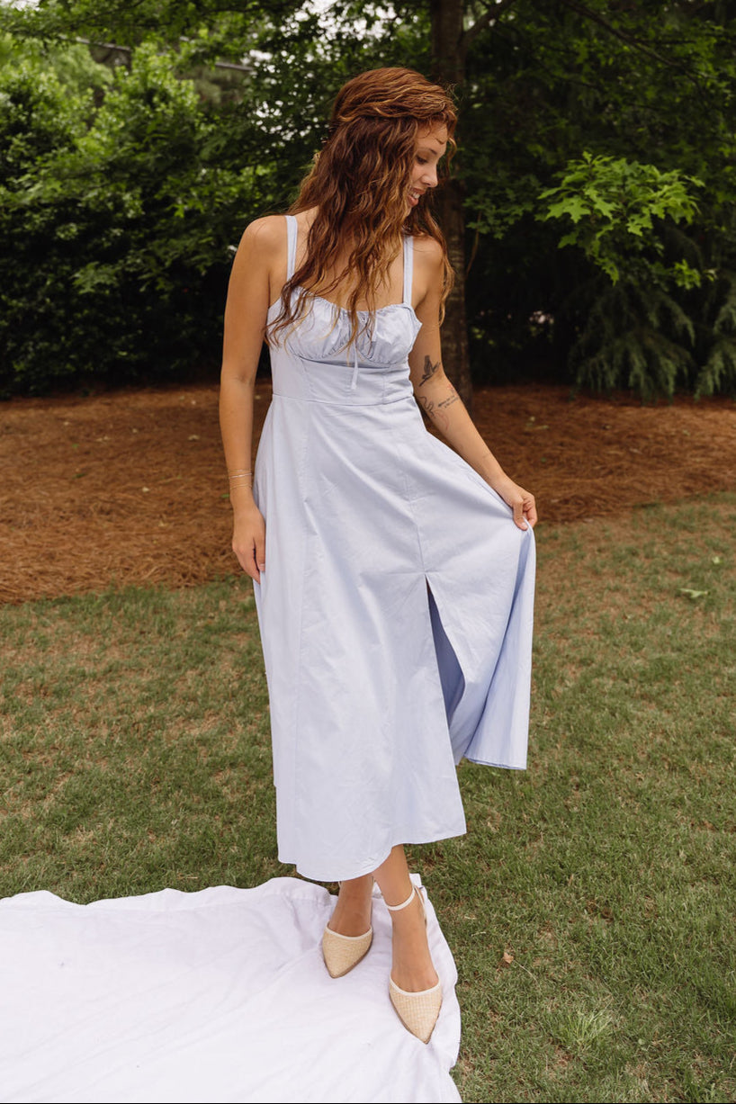 Genevieve Light Blue Corset Midi Dress - full body front view