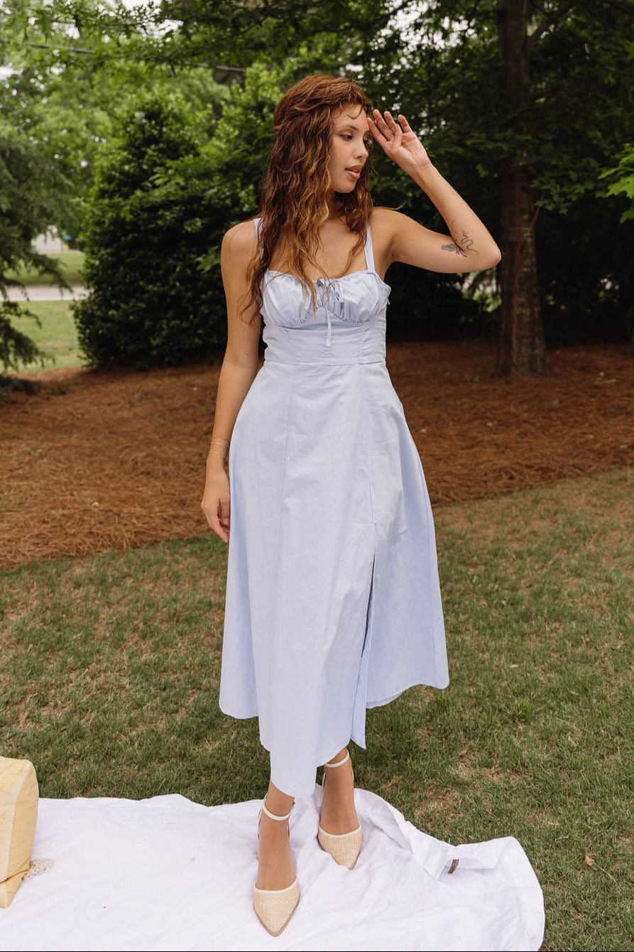 Genevieve Light Blue Corset Midi Dress - full body front 
