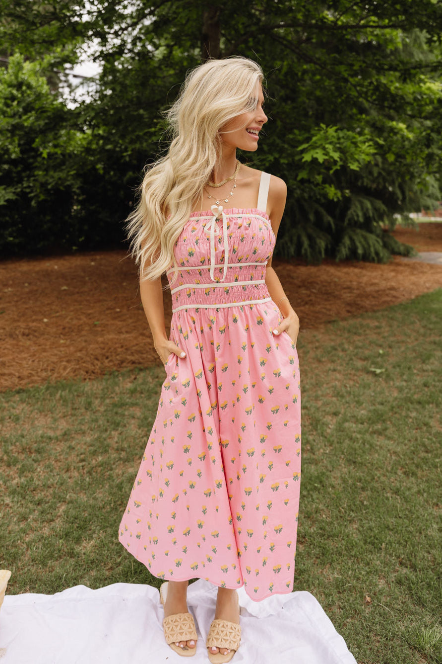 Daria Pink Floral Midi Dress - full body front view