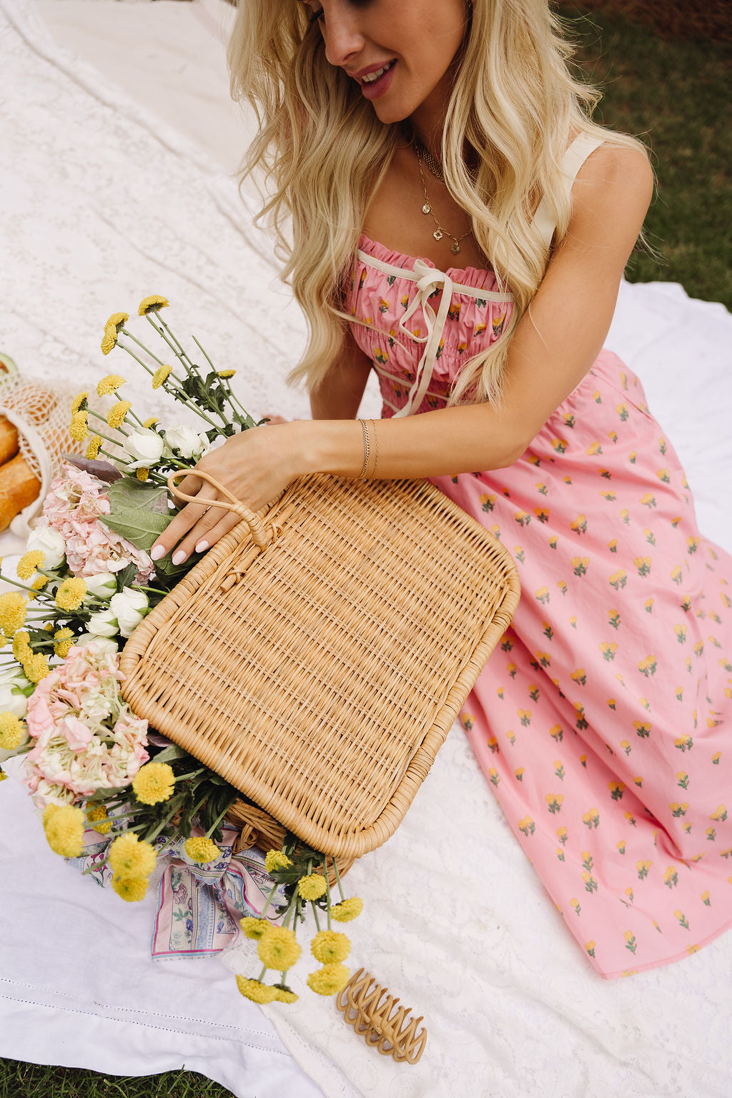 Daria Pink Floral Midi Dress - close aerial view