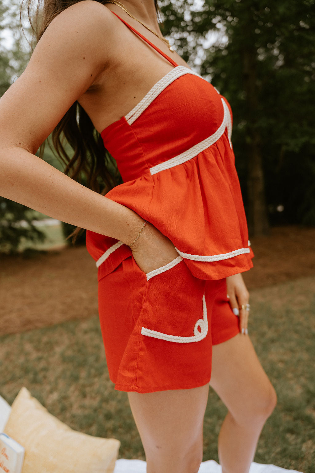 Ansley Red Braided Trim Shorts - close side view