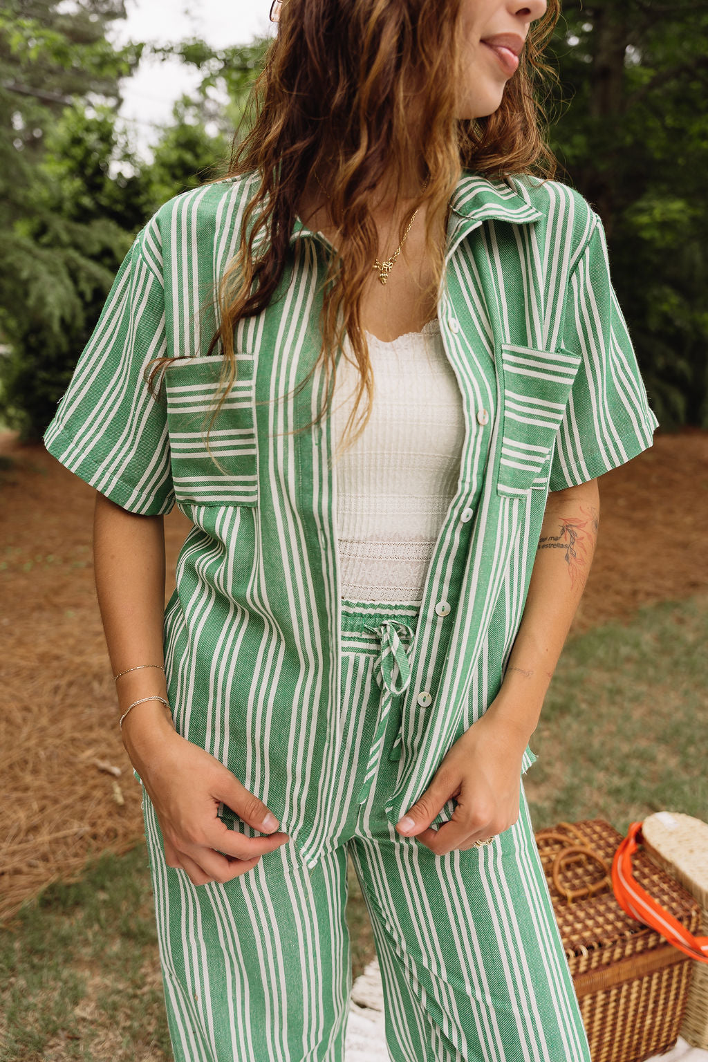Kimmy Green & Off White Striped Top - close up front view