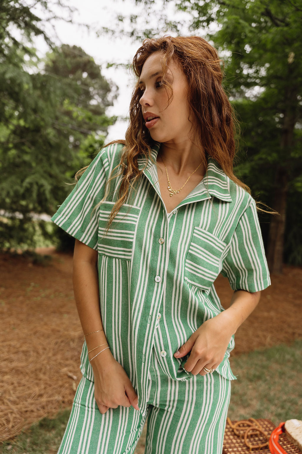 Kimmy Green & Off White Striped Top - front view - buttoned up