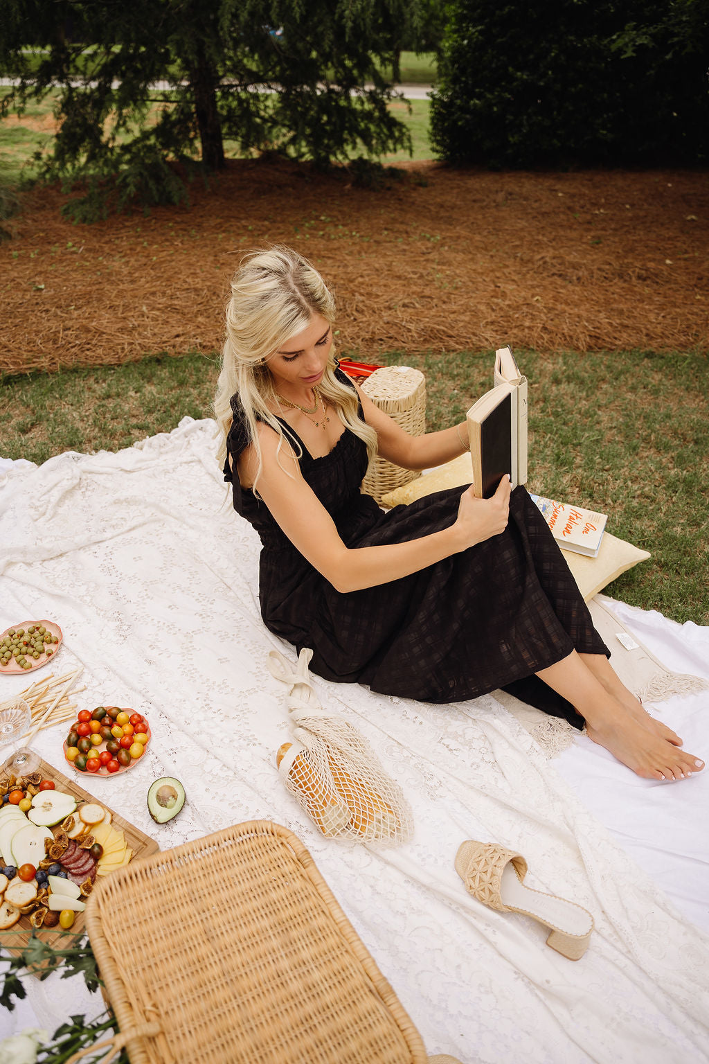 Leslie Black Plaid Tie Strap Midi Dress - model shown sitting at picnic in dress