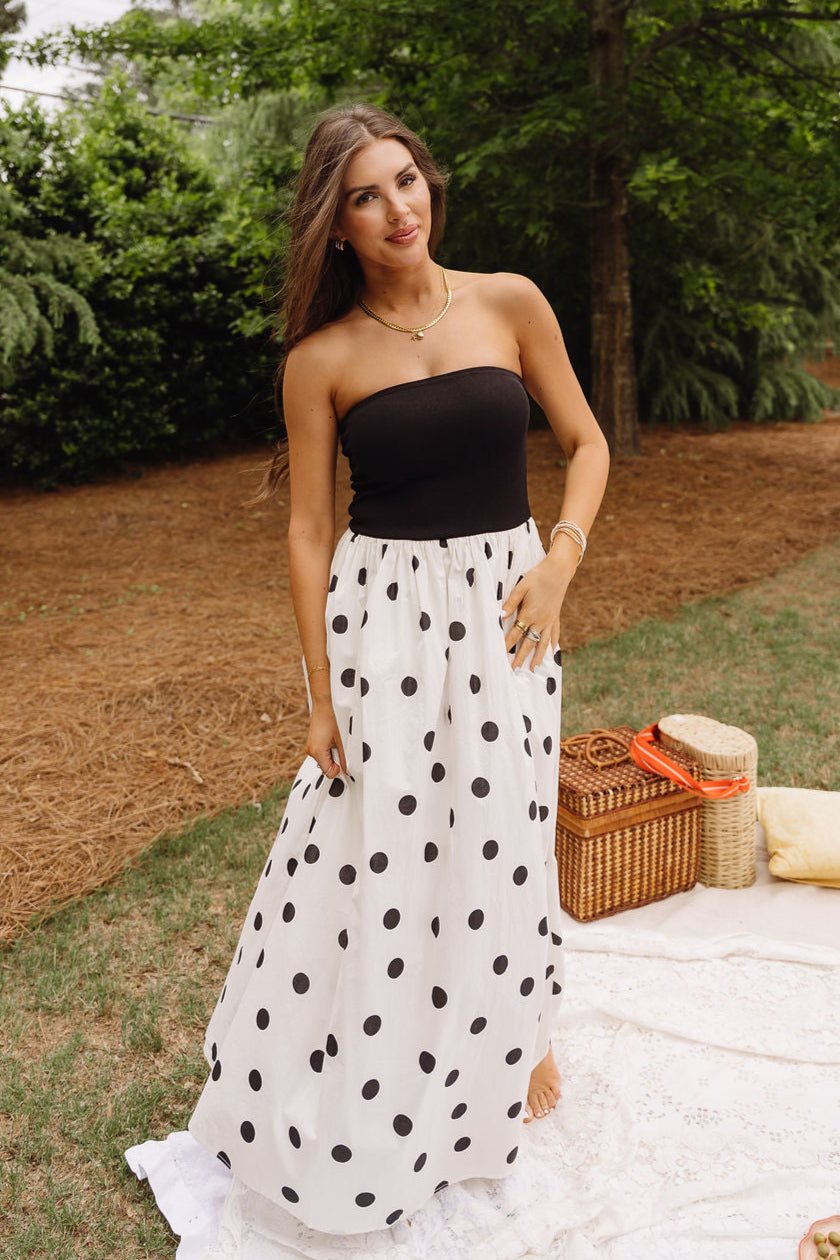 Marlene Black & Cream Polka Dot Midi Dress - full body front view