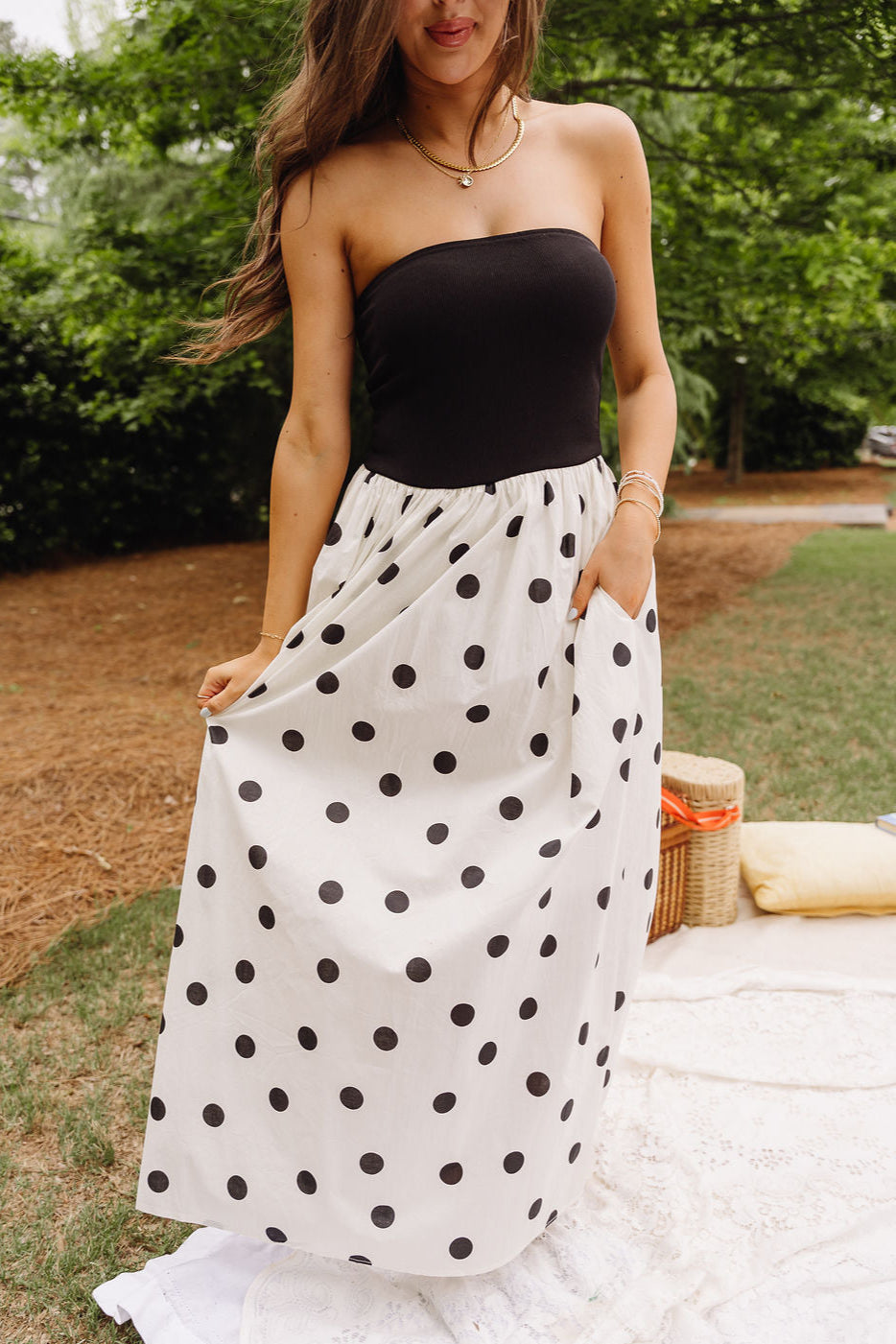 Polka Dot Midi Dress – Black & Cream Strapless Polka Dot Dress