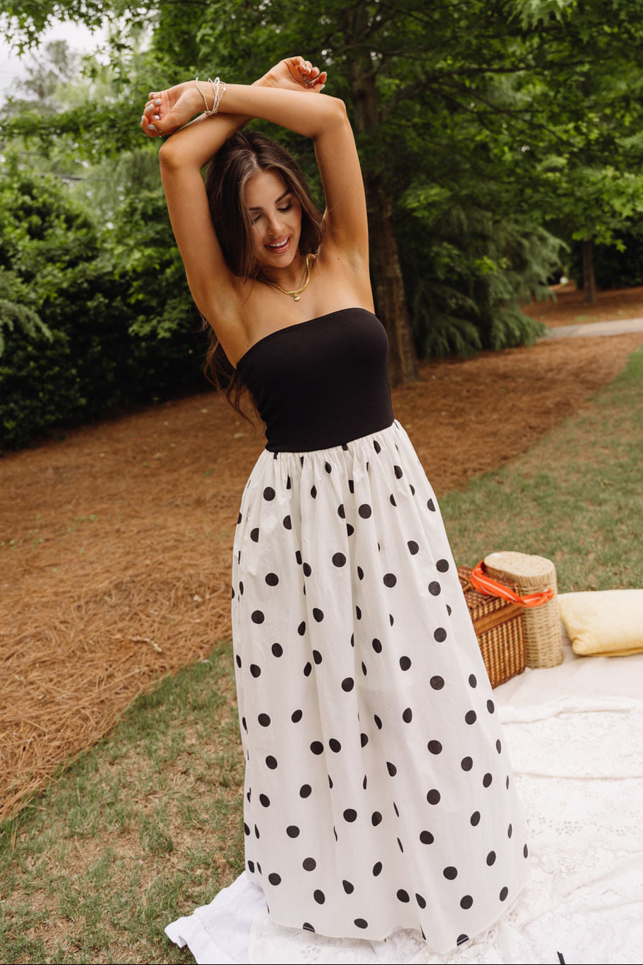 Marlene Black & Cream Polka Dot Midi Dress - full body front view (arms over head)